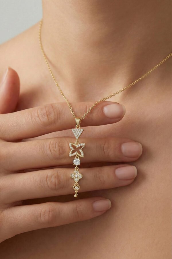 Çelik 14K Çiçekli Y Kolye 40+5 cm | Altın Renkli Kararmaz Takı Kadın Çelik Kolye