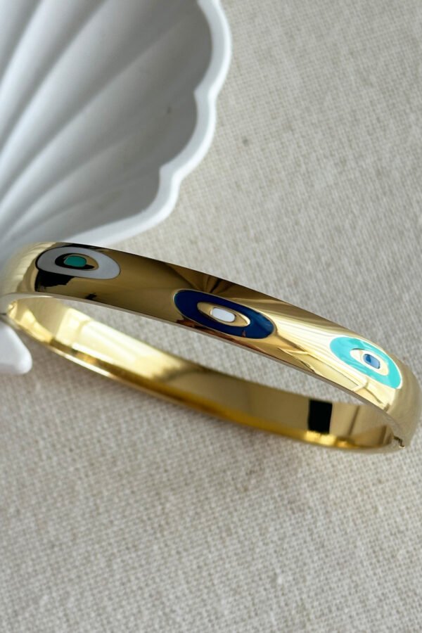 Çelik 14K Taşlı Nazarlı Oval Kadın Kelepçe Bileklik – 18 cm | Altın Renk Kararmaz Çelik Takı