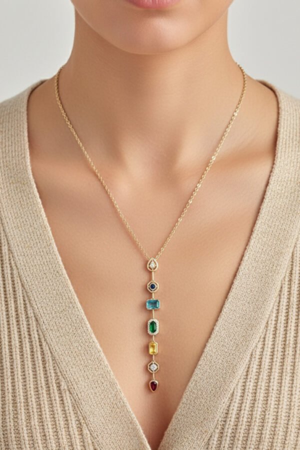 Cheng 14K Renkli Taşlı Turkuaz Y Zincir Kolye 50 cm | Altın Renkli Kararmaz Kadın Takı Pirinç Kolye