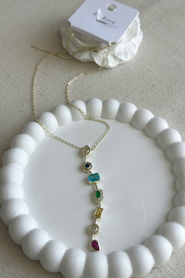 Alternative view of Cheng 14K Renkli Taşlı Turkuaz Y Zincir Kolye 50 cm | Altın Renkli Kararmaz Kadın Takı Pirinç Kolye