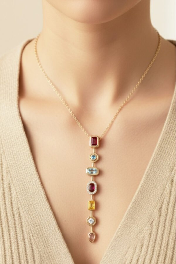 Cheng 14K Renkli Taşlı Kırmızı Y Zincir Kolye 50 cm | Altın Renkli Kararmaz Kadın Takı Pirinç Kolye