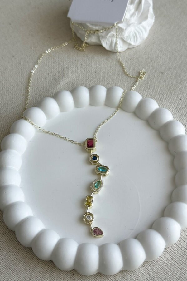 Alternative view of Cheng 14K Renkli Taşlı Kırmızı Y Zincir Kolye 50 cm | Altın Renkli Kararmaz Kadın Takı Pirinç Kolye