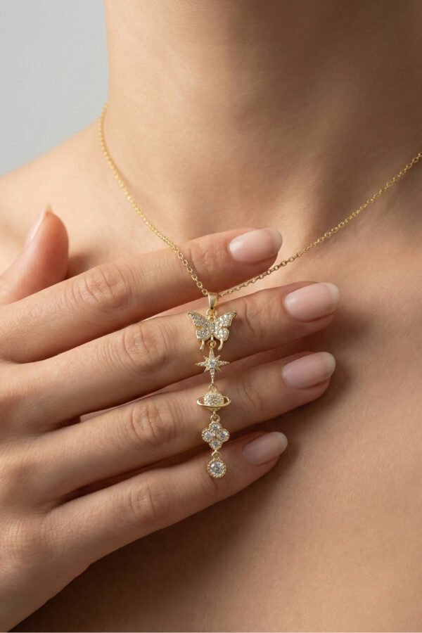 Çelik 14K Kelebekli Çiçekli Y Kolye 40+5 cm | Altın Renkli Kararmaz Takı Kadın Çelik Kolye