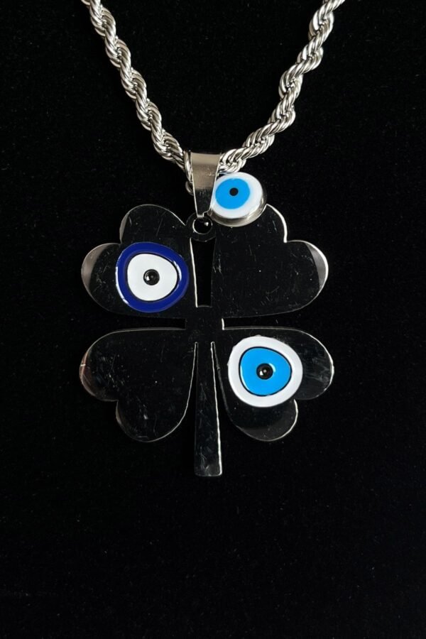 Caprea Çelik Nazar Yonca Kolye Kadın Gümüş Renkli Kararmaz Kolye 45 Cm Zincirli