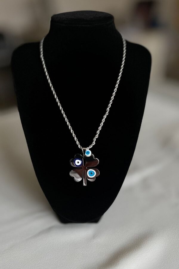 Alternative view of Caprea Çelik Nazar Yonca Kolye Kadın Gümüş Renkli Kararmaz Kolye 45 Cm Zincirli